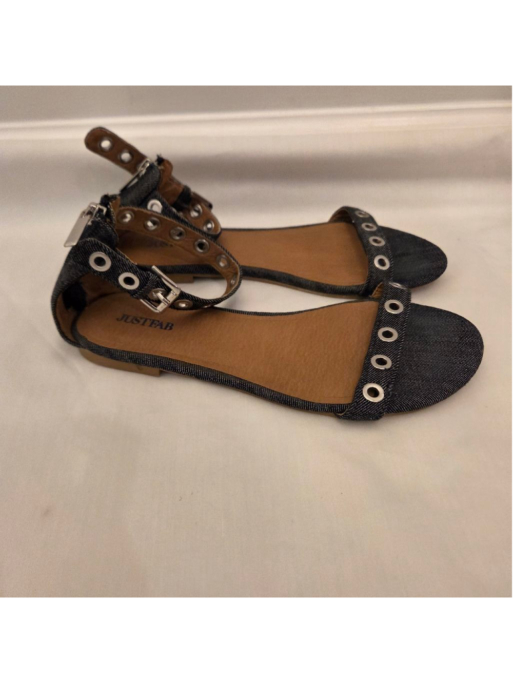 Women's JUSTFAB Black Denim Flat Sandals with Grommets Size 8